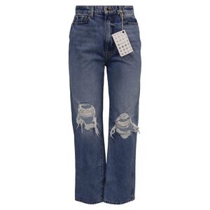 Khaite Ripped High-Rise Straight-Leg Jeans in Blue Cotton Denim